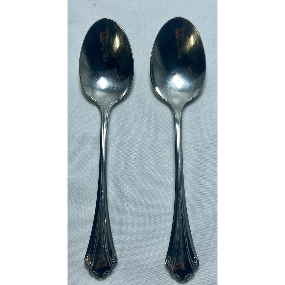 2 ONEIDA FALKIRK Cutlery Table Soup Spoons Vintage Scrolled Handles